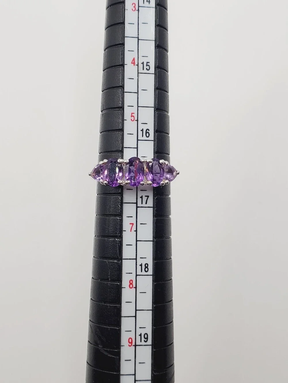 Oval & Trillion Genuine Purple Amethyst Five Stone Ring In 925 Sterling Silver